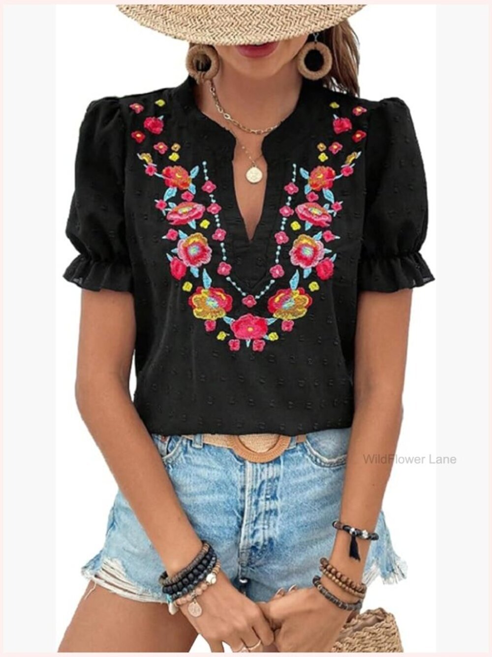 Casual Floral Embroidered V Neck Boho Short Puff Sleeve Blouse Top